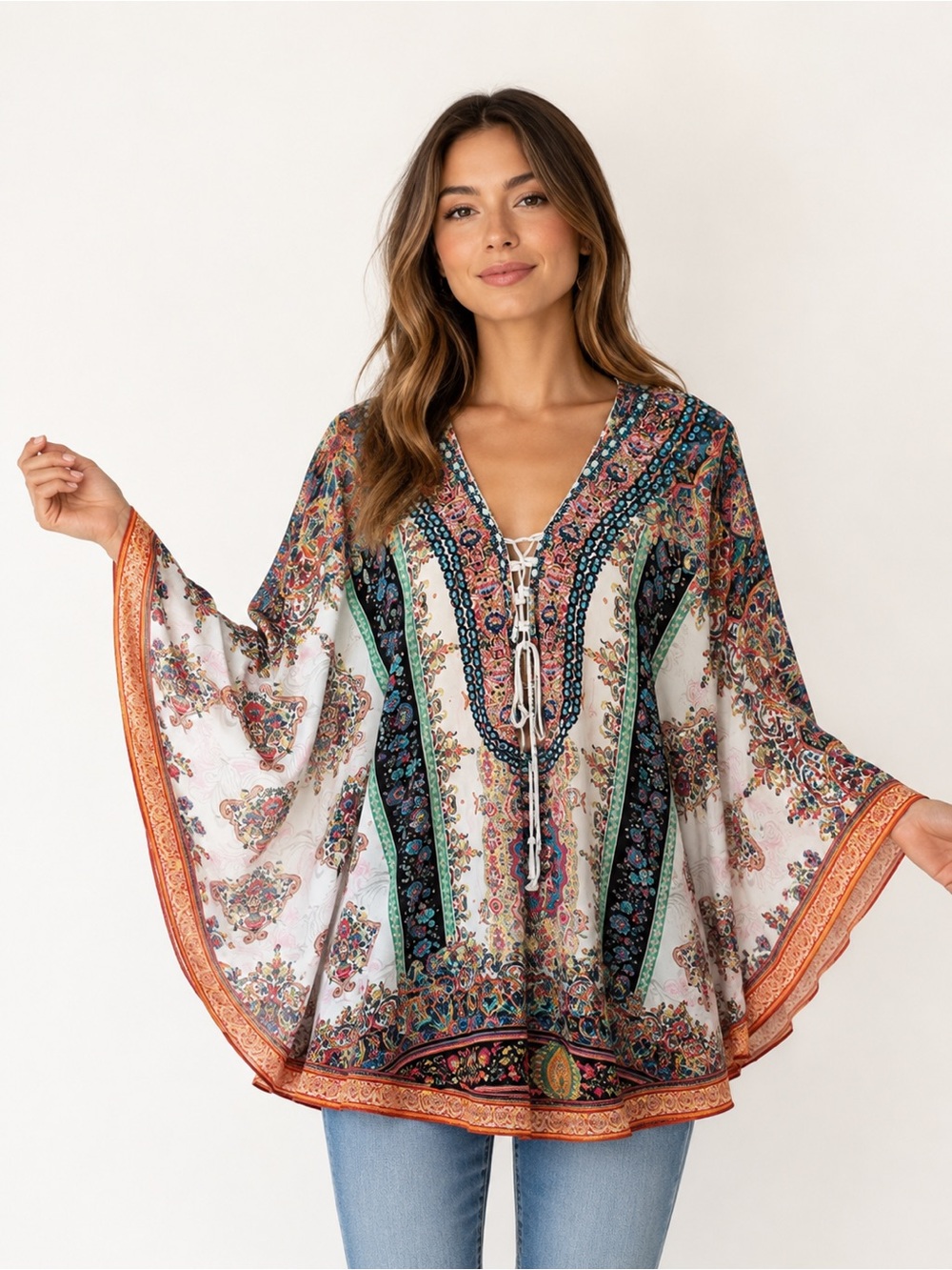 Hourglass Beaded Paisley Kimono Top | Embellished Boho Tunic